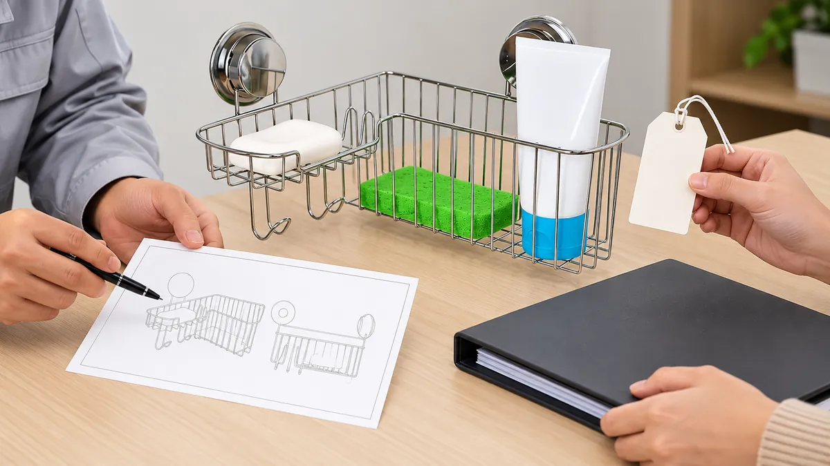 Chrome basket sample beside an unmarked drawing and SKU record during supplier document review