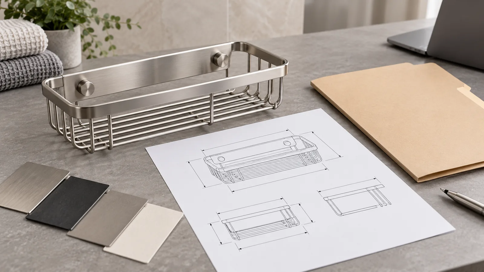 Unbranded metal bathroom hardware sample and product documents for an importer classification review