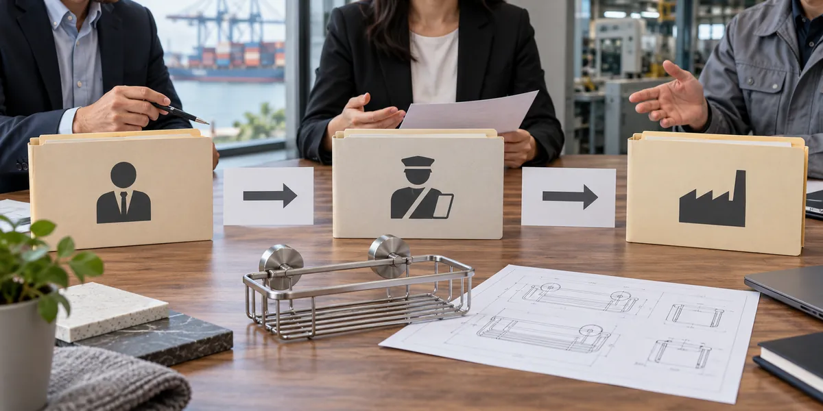Conceptual roles of importer, customs broker and factory in a CARM shipment handoff; no customs outcome implied.
