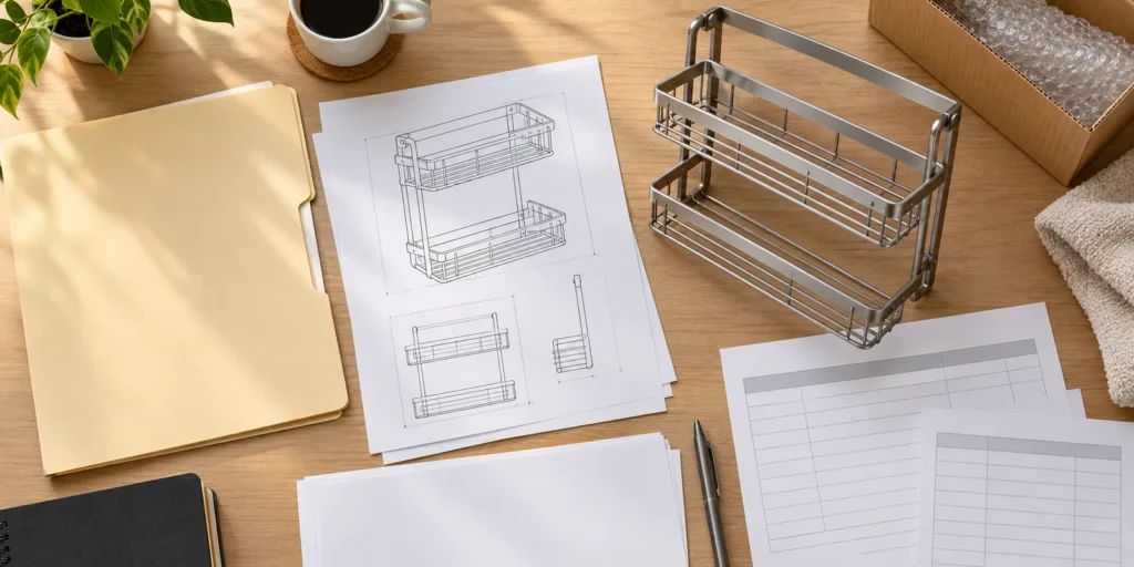 Canadian hardware buyer and broker reviewing importer-of-record paperwork beside metal bathroom storage products; conceptual illustration only.