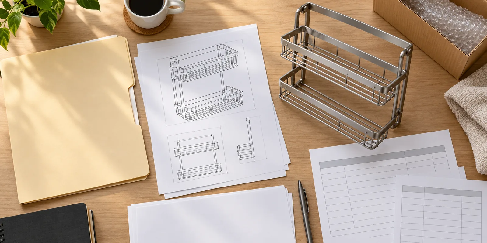 Canadian hardware buyer and broker reviewing importer-of-record paperwork beside metal bathroom storage products; conceptual illustration only.