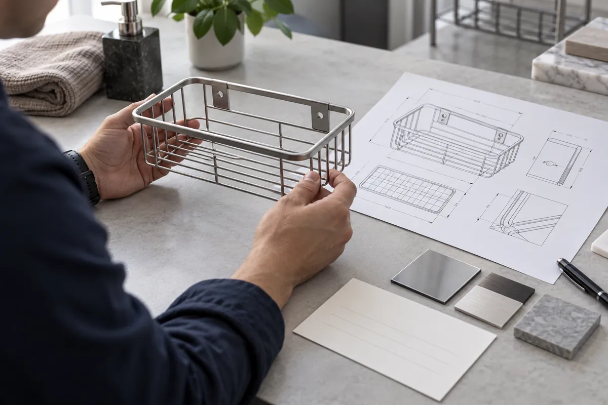Buyer comparing a metal bathroom basket sample with a product drawing before preparing a customs ruling question