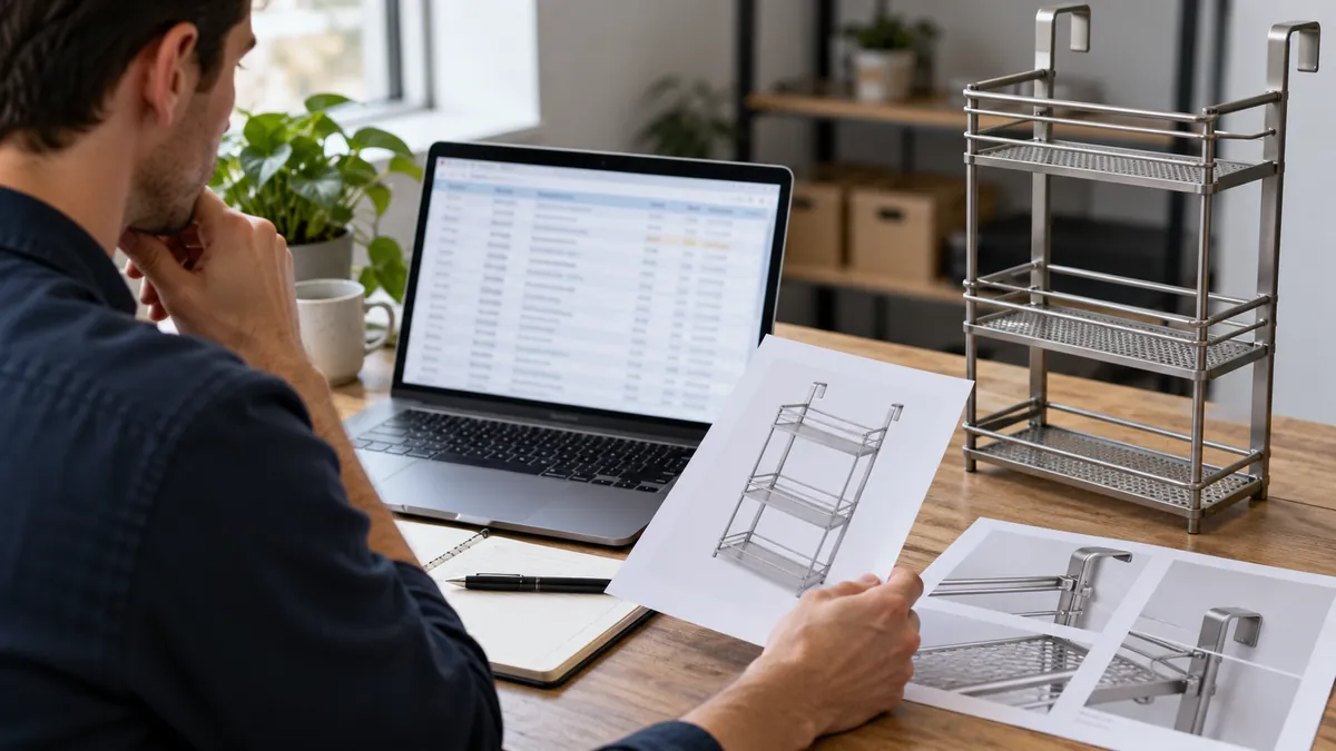 Importer comparing prior public ruling records with a metal home-storage rack and product photographs