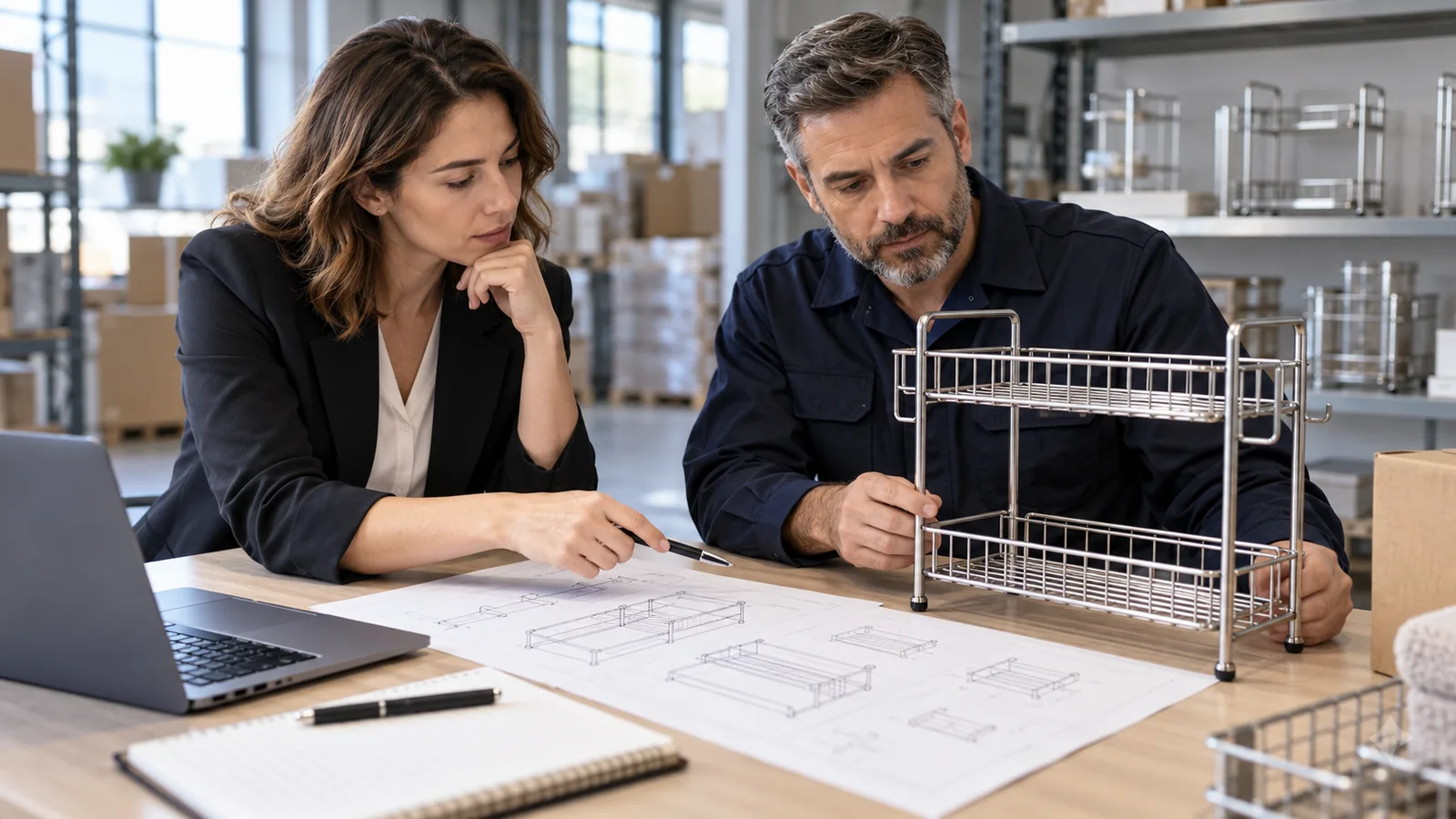 U.S. importer reviewing a metal home-storage hardware sample and product drawing before a customs ruling request; conceptual illustration only.