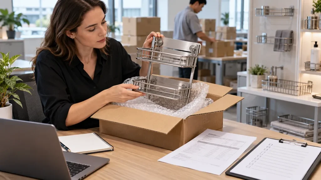 Buyer inspecting an unbranded metal bathroom storage sample beside neutral shipment papers; conceptual illustration only.