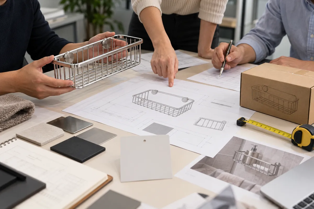 Product team comparing an unbranded wire shower basket, drawing and package dimensions before sending a sample