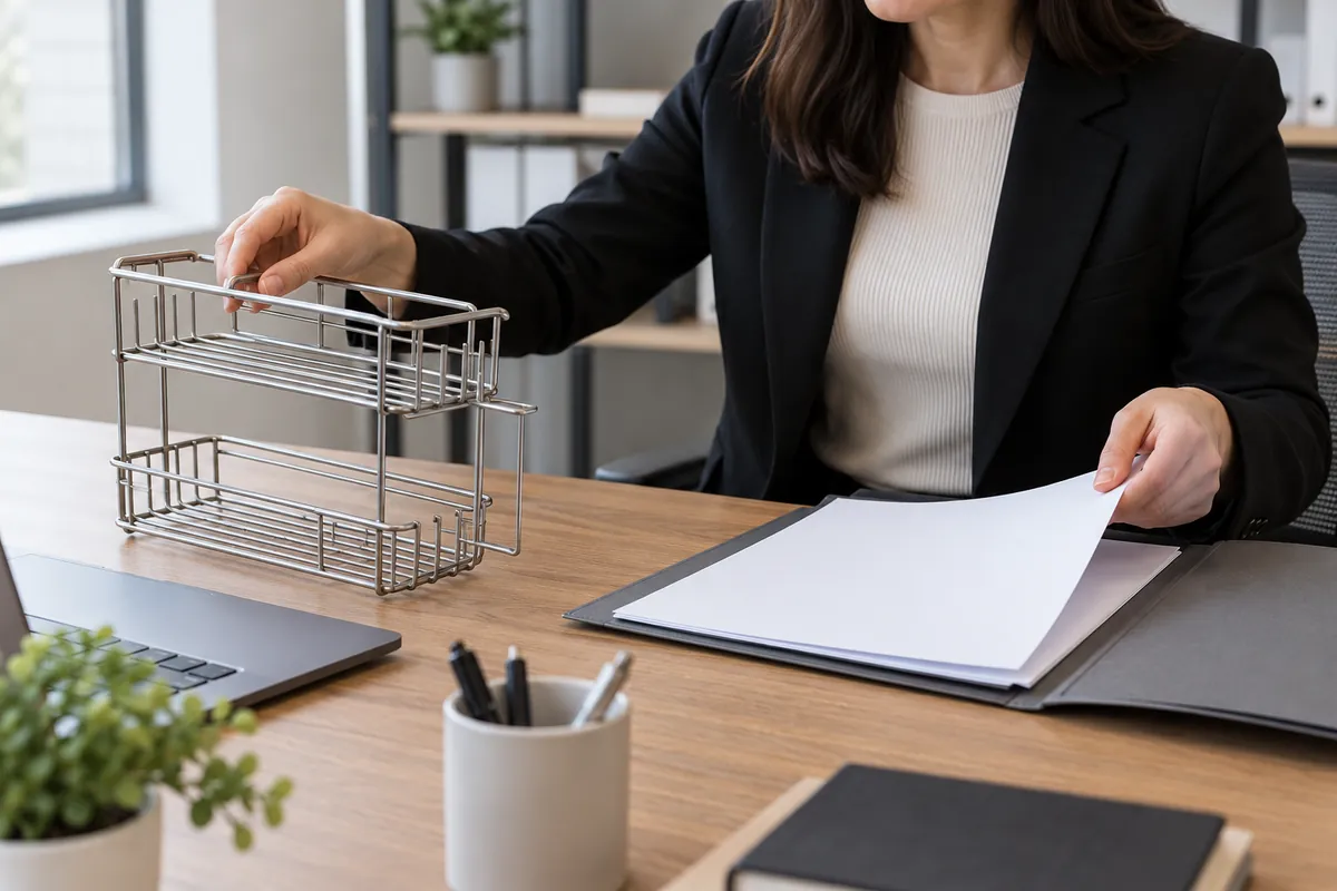Buyer separating a metal hardware sample from broker document folders for internal evaluation