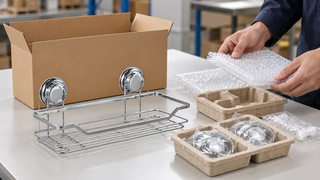 Illustrative unbranded chrome suction wire basket beside a plain export carton and protective packing on a supplier inspection table.