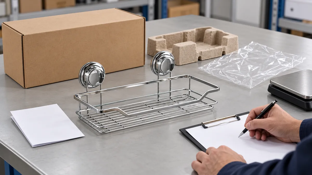 Buyer reviewing unmarked packaging components beside a chrome wire basket, blank record sheet and digital scale.