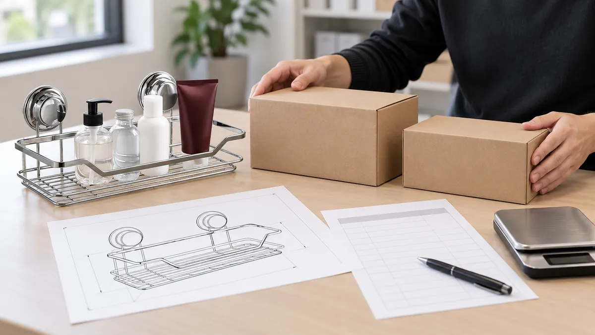 Buyer comparing two plain carton options for a chrome wire basket beside a drawing, blank change sheet and scale.