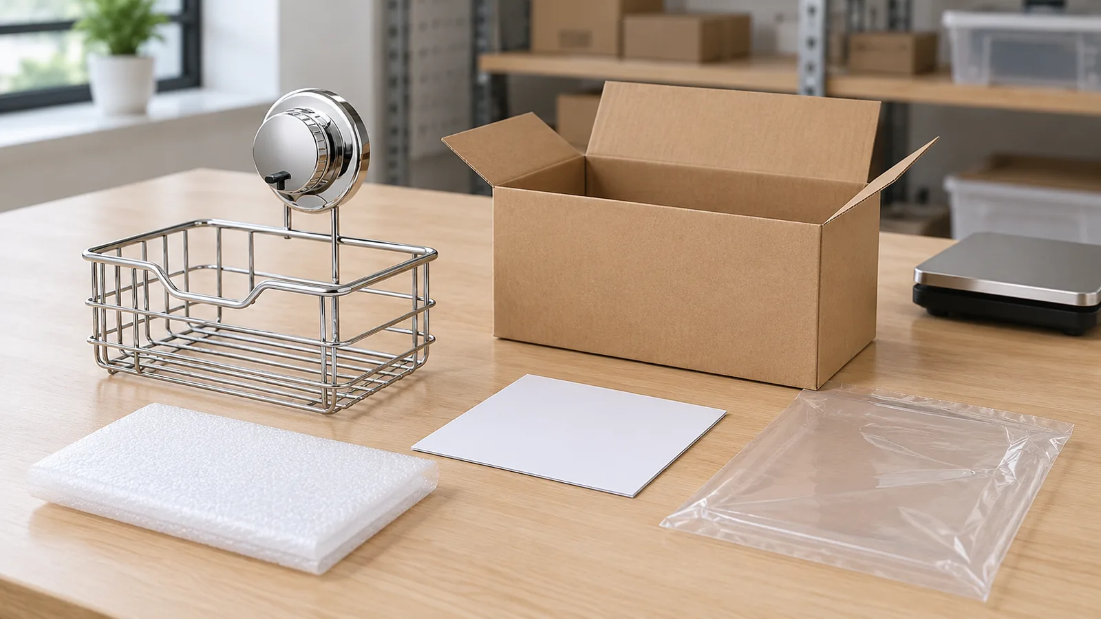Illustrative chrome suction wire bathroom basket beside an unmarked export carton and separated packaging components on an inspection table.