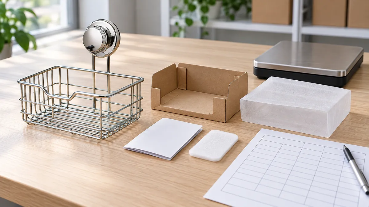 Illustrative chrome suction wire basket beside separated unmarked carton, paper and protective packaging components on a review table.