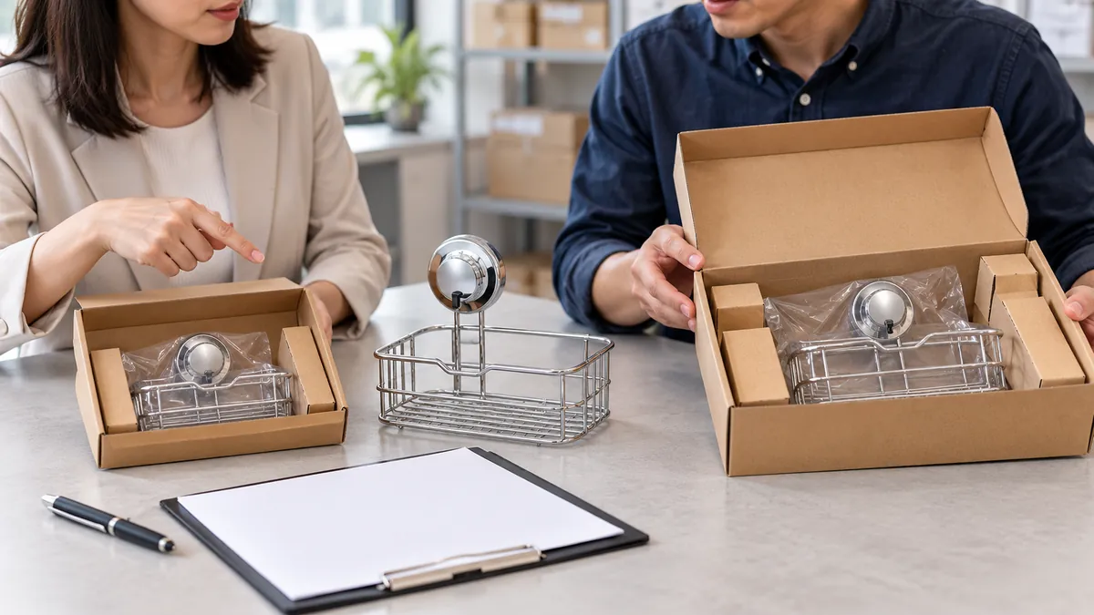 Buyer and supplier comparing two plain packaging configurations for a chrome wire basket beside a blank revision sheet.
