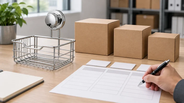 Chrome wire bathroom basket beside three plain cartons and a blank market review matrix for a buyer's destination-by-destination packaging review.