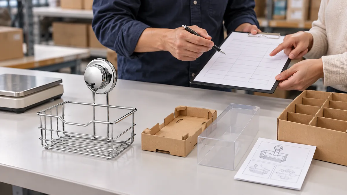 Buyer and supplier review a basket, separated packaging parts and a blank SKU and revision record.