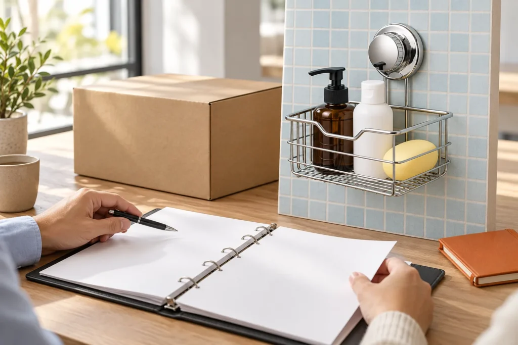Importer reviewing blank packaging documents beside the referenced chrome wire bathroom basket and a plain carton.