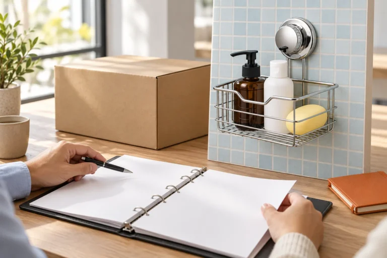 Importer reviewing blank packaging documents beside the referenced chrome wire bathroom basket and a plain carton.