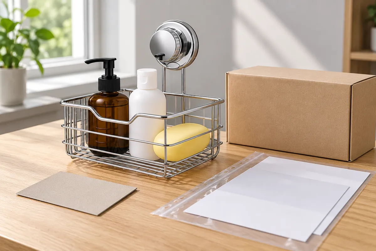 Blank document sheets and an unmarked carton beside the referenced chrome wire basket for an importer evidence review.