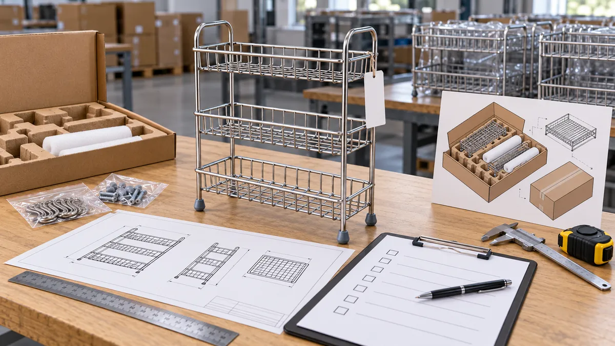Metal storage SKU reviewed with revision drawing, model tag and packaging checklist.