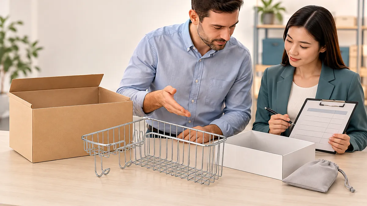 Japan hardware importer and supplier reviewing a chrome wire bathroom basket and its separate packaging components