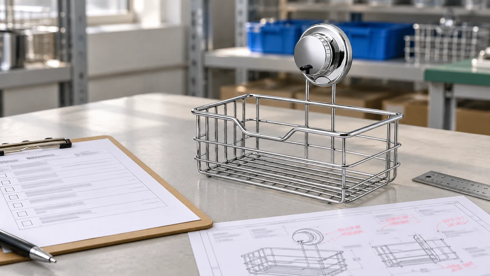 Chrome wire bathroom basket beside an unbranded process checklist and drawing on an inspection table