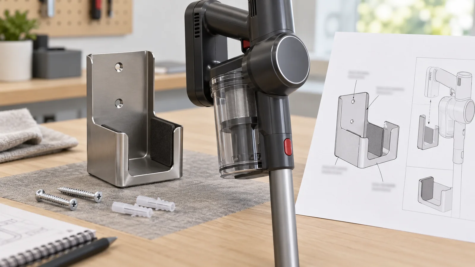 Conceptual passive metal holder and generic cordless vacuum mockup beside a model-fit drawing