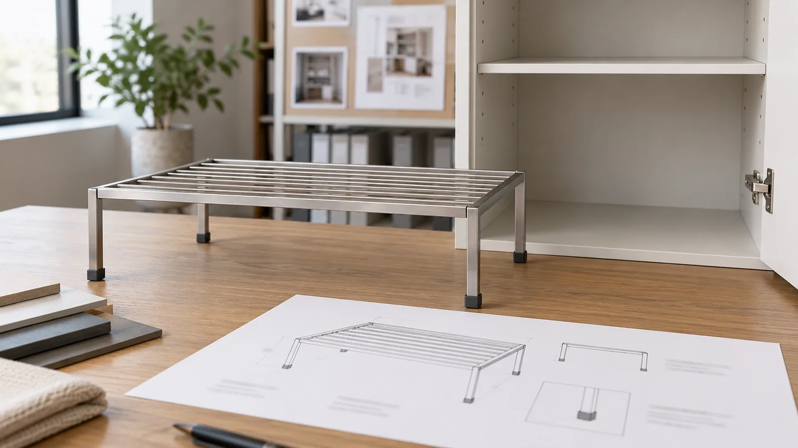 Conceptual freestanding metal shelf riser beside an open cabinet and drawing on a review table