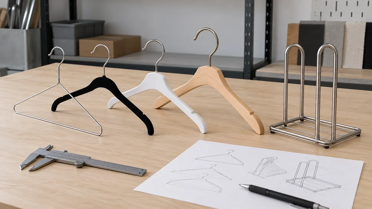 Reference hanger types arranged beside a conceptual stacker for geometry comparison