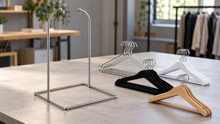 Conceptual compact metal hanger stacker beside sample hangers for an importer fit review