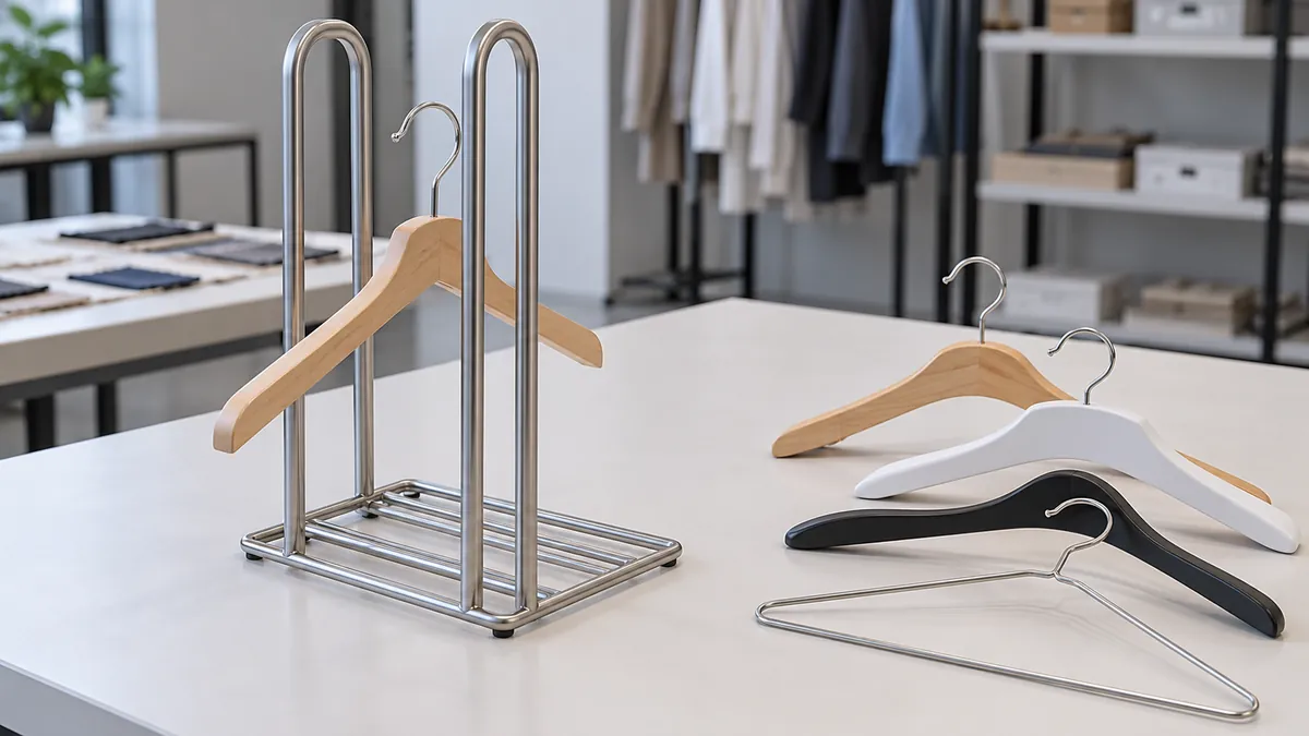 Buyer checks hanger removal path and base contact on a conceptual stacker sample