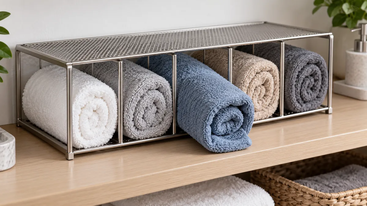 Buyer checks one-roll retrieval and divider spacing on a conceptual towel organizer sample