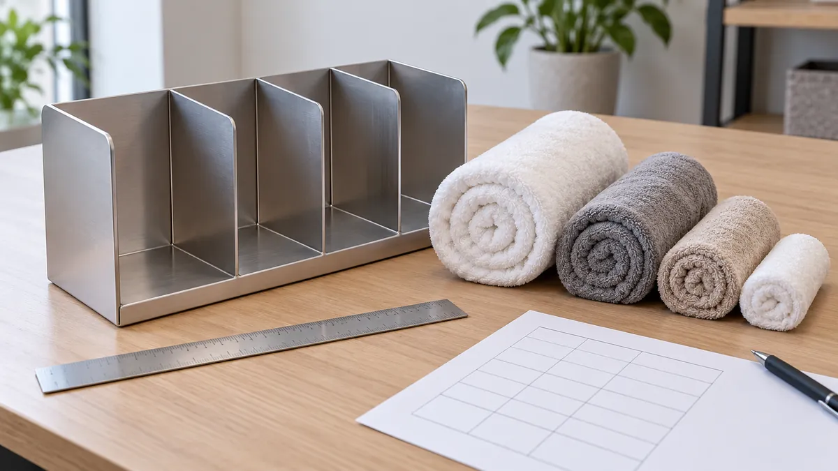 Reference towel rolls and a conceptual metal organizer arranged for compartment-fit review