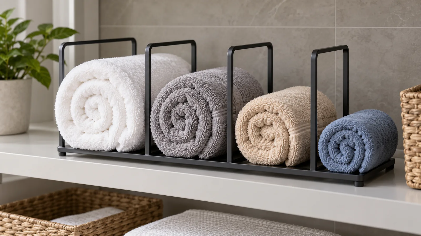 Conceptual metal rolled-towel organizer with separate roll compartments for buyer fit review