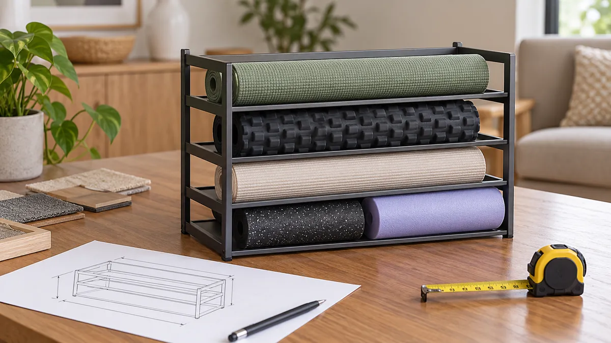 Reference yoga mats and foam rollers compared with a conceptual rack opening