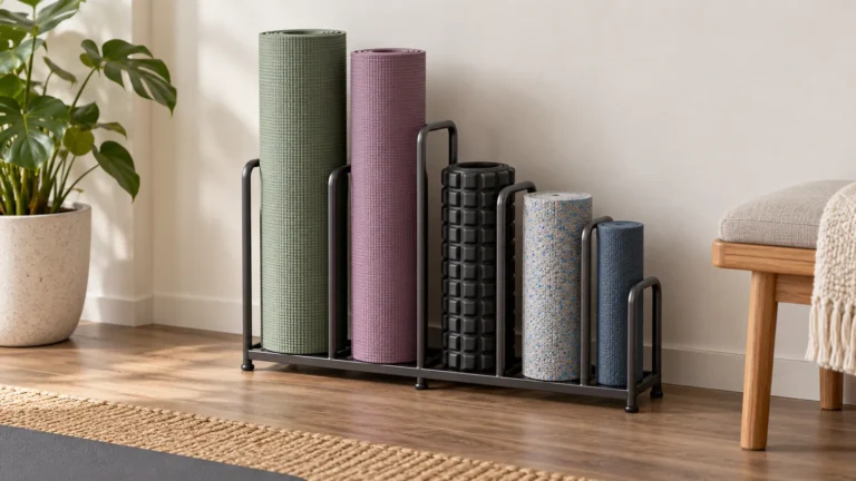 Conceptual compact metal home rack holding rolled yoga mats and foam rollers of different sizes