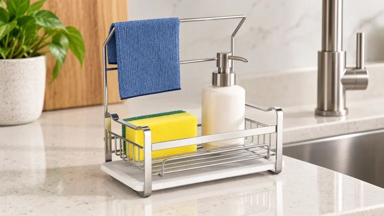 Countertop metal sink caddy with a separate light-colored removable lower tray