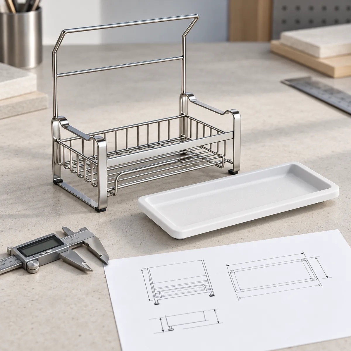 Separate light-colored tray and metal sink caddy frame arranged for a fit and clearance review