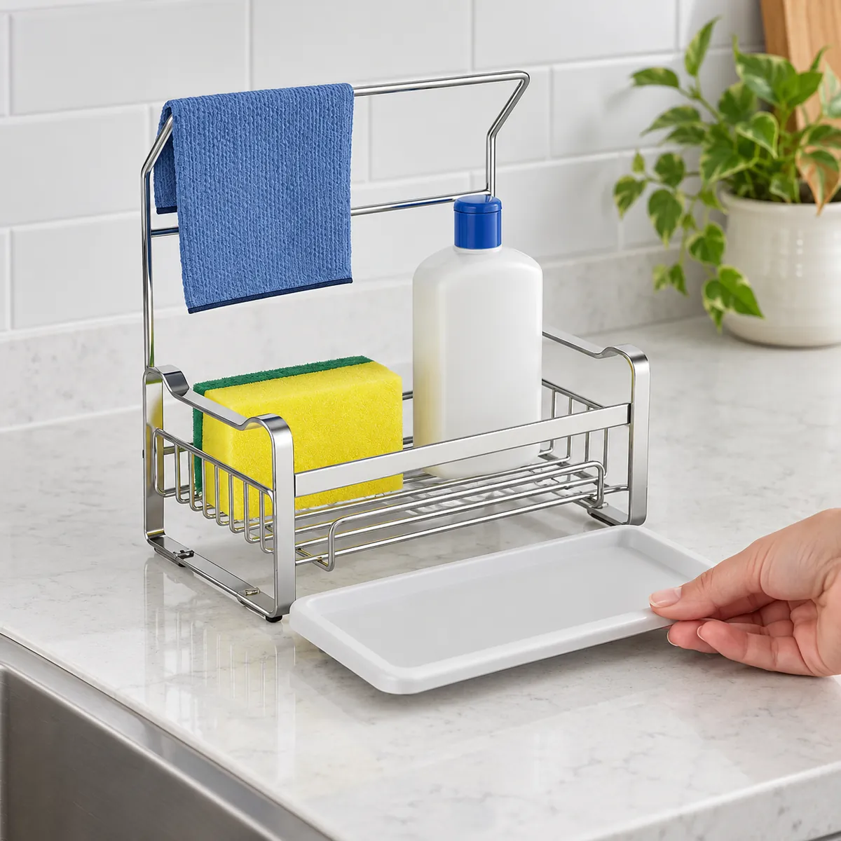 Buyer checks the separate tray removal path and support points beneath a countertop metal sink caddy