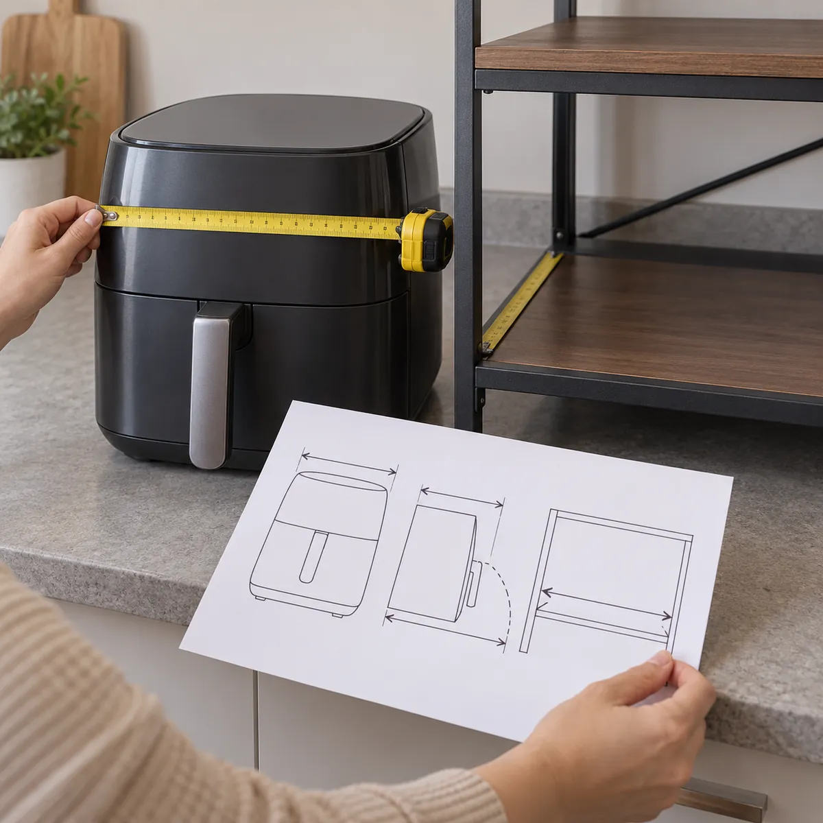 Conceptual metal kitchen storage rack with an unplugged air fryer shown in storage position