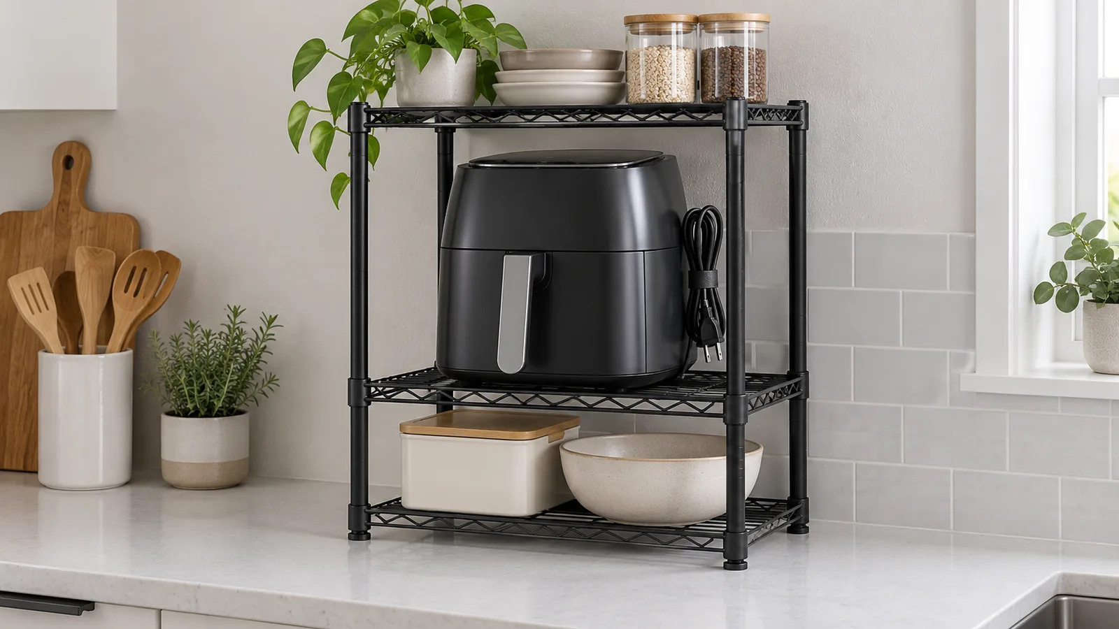Conceptual metal kitchen storage rack with an unplugged air fryer shown in a storage position