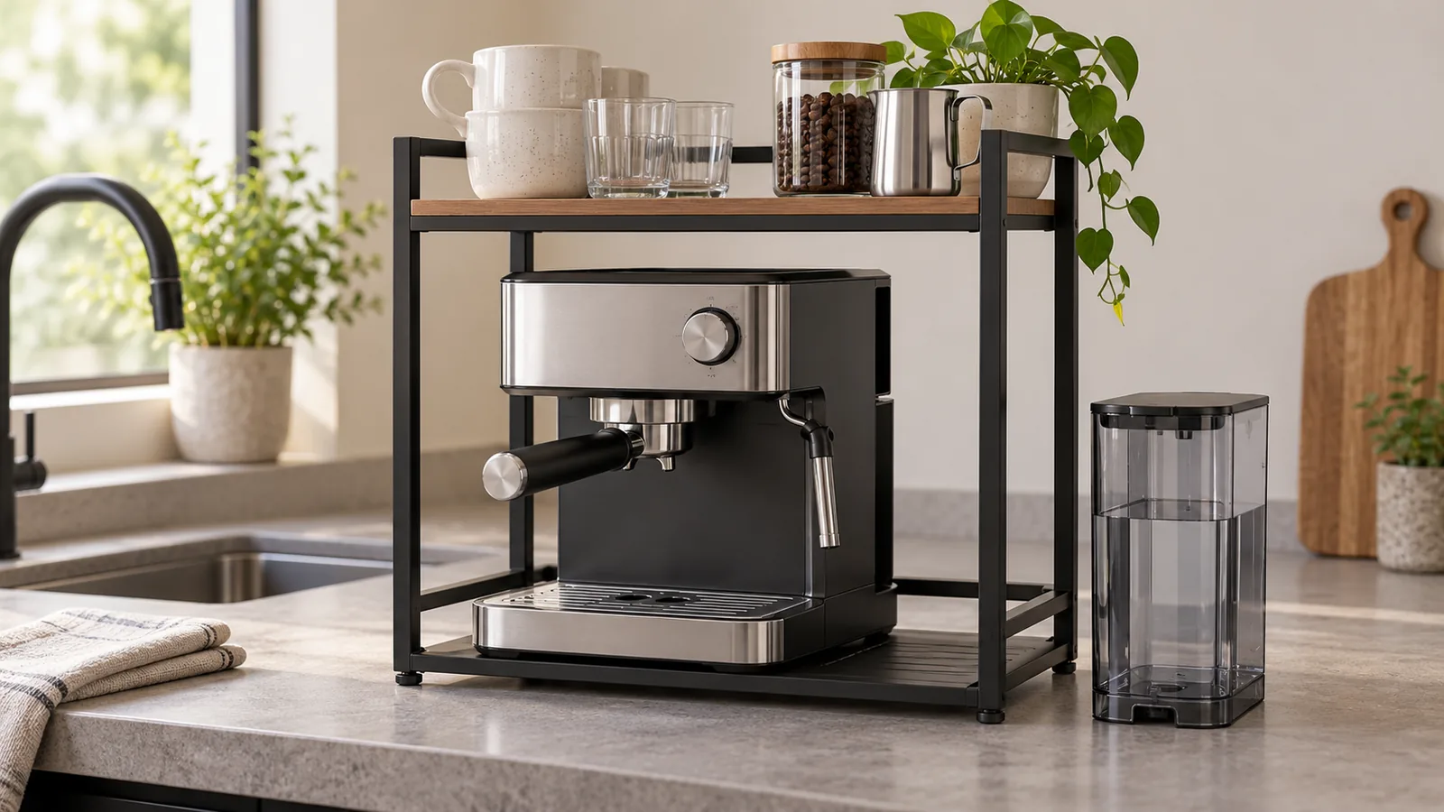 Conceptual countertop coffee station rack with a separate removable water tank for access planning