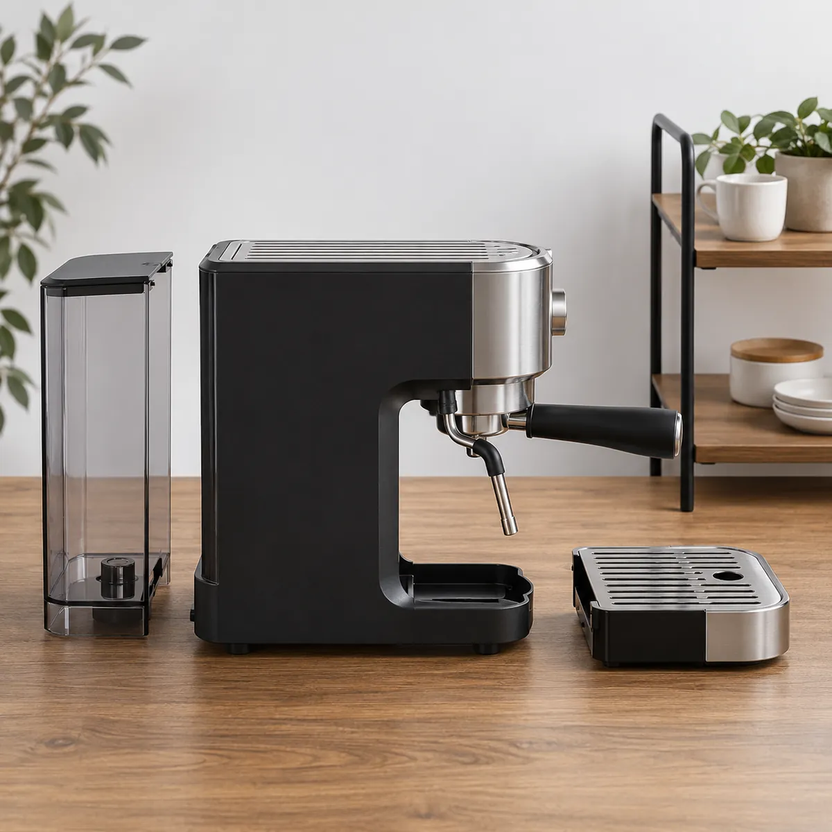 Separate water tank and drip tray arranged for a coffee rack access review