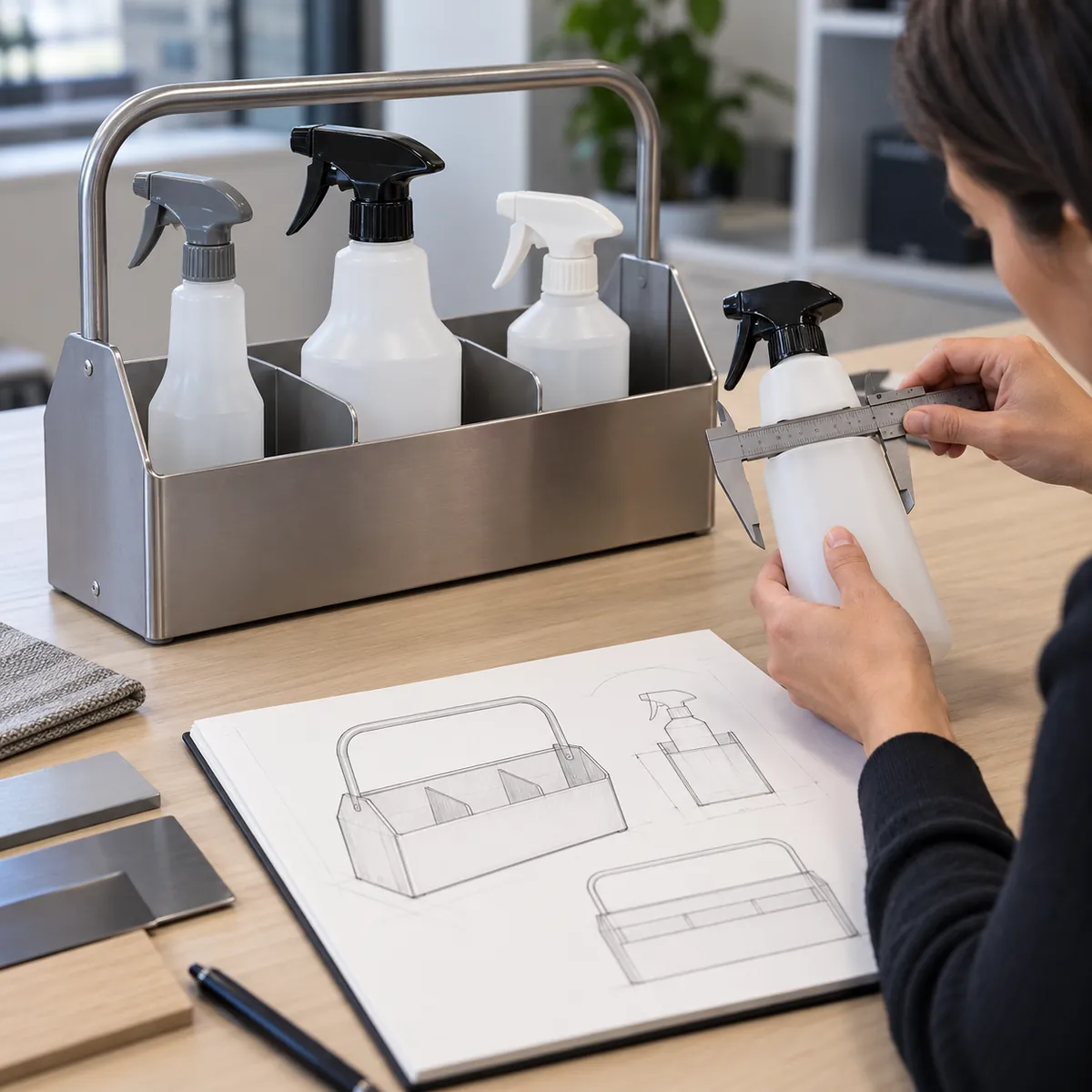 Buyer compares spray-bottle bodies and trigger heights with a metal caddy compartment
