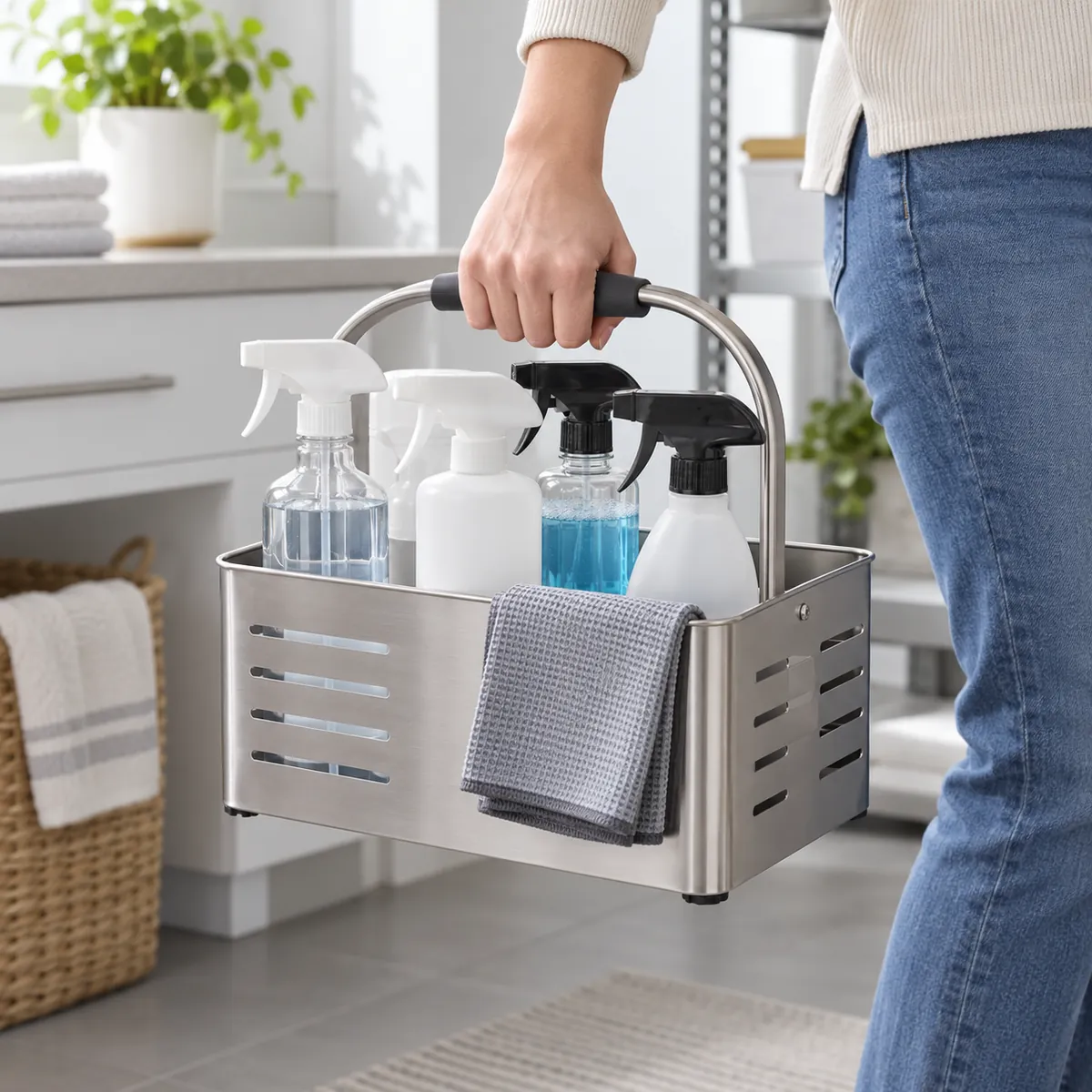 Buyer checks handle clearance and a chosen loaded arrangement on a metal cleaning caddy