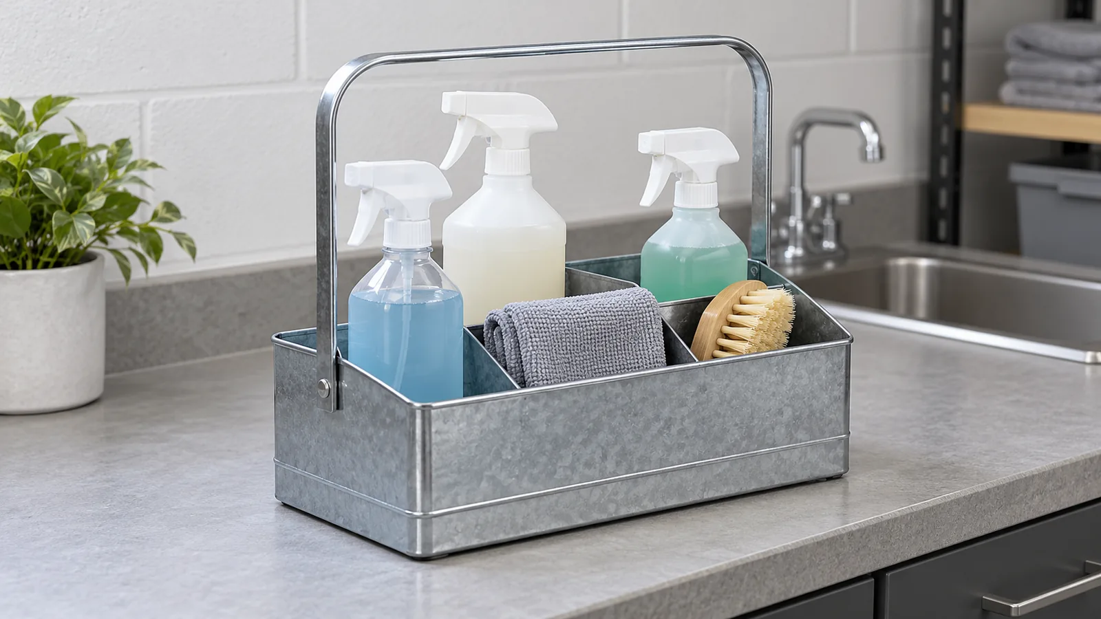 Conceptual metal cleaning caddy with divided space for spray bottles, cloths and brushes