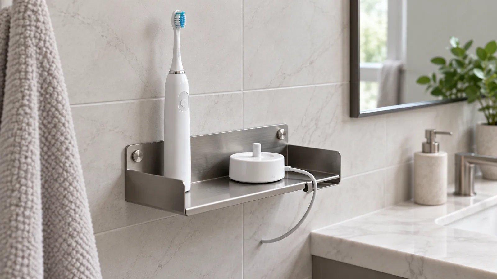 Conceptual passive metal electric toothbrush holder with separate charger base and clear cord path