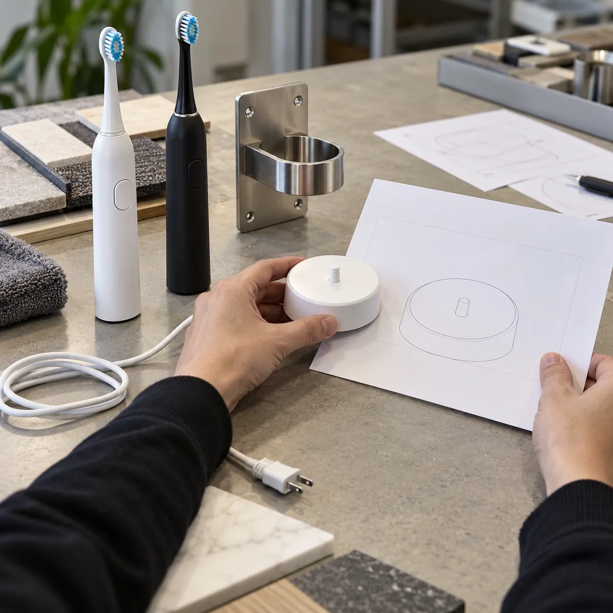 Buyer checks charger-base footprint and toothbrush docking fit in a passive metal holder