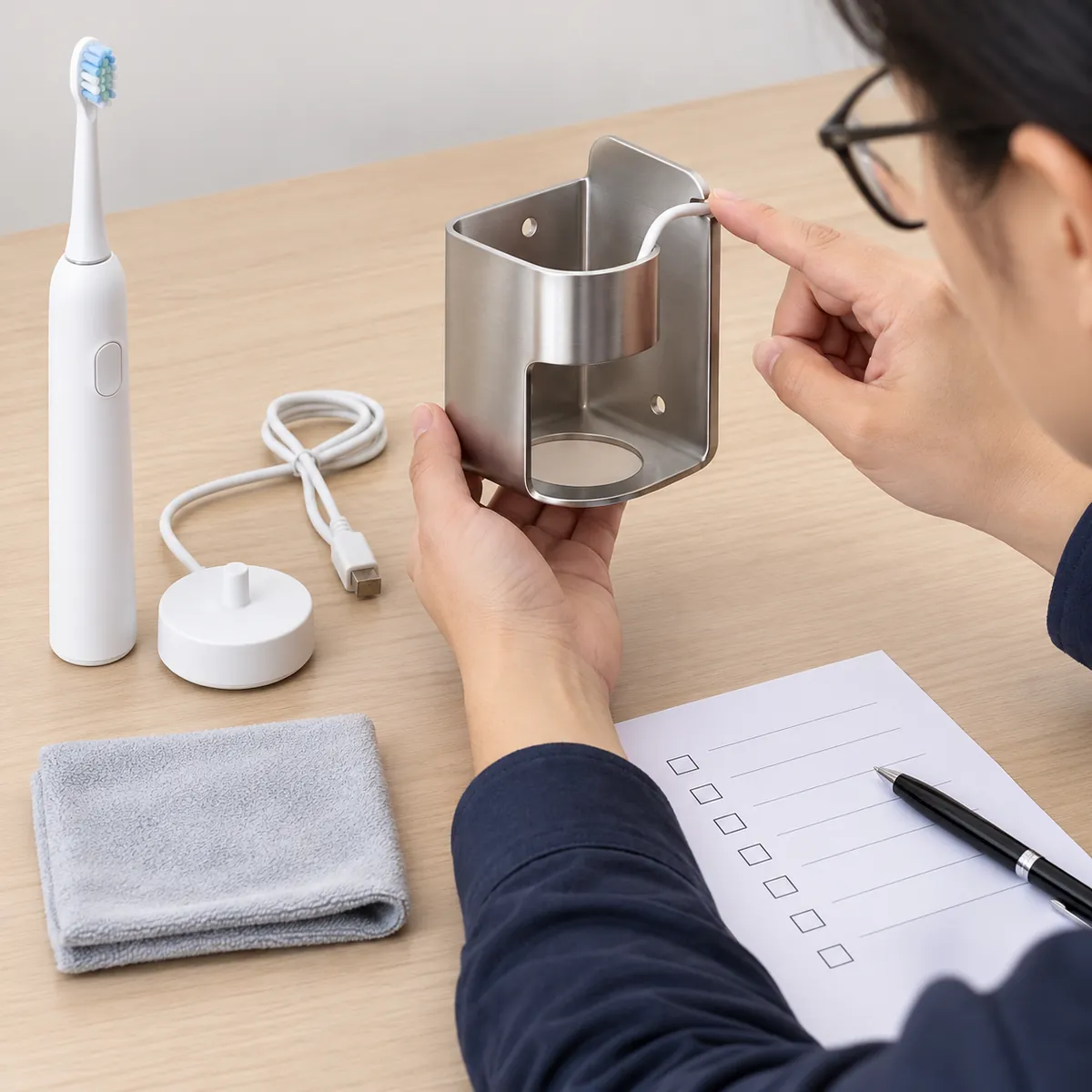 Importer reviews charger placement, cord clearance and cleaning access on a toothbrush holder sample