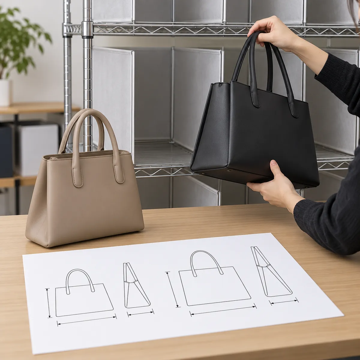 Buyer checks reference handbag bodies and bases against a metal rack bay