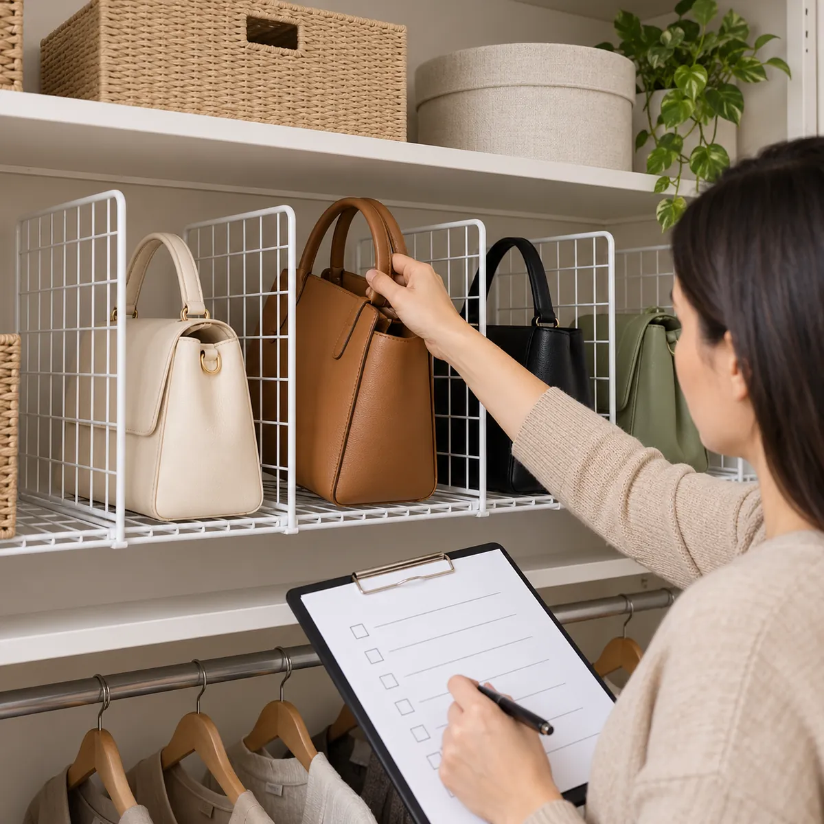 Importer reviews shelf depth, divider spacing and bag retrieval on a rack sample